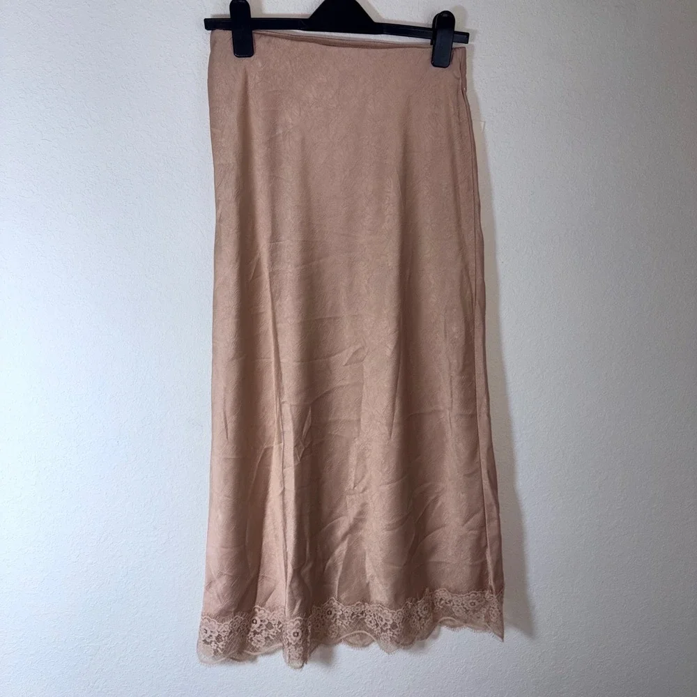 A New Day Satin Midi Skirt Small Pink champagne NEW Lace Trim Crinkle Slip Skirt
